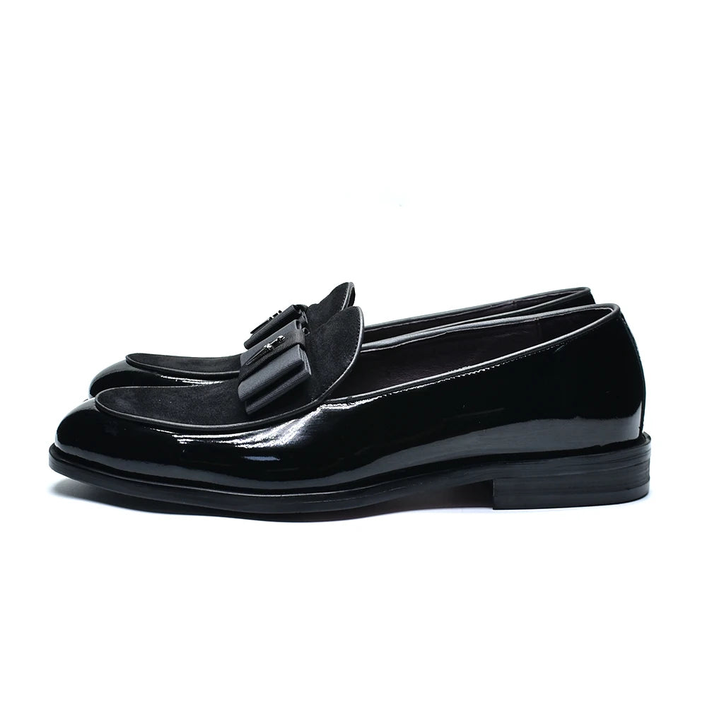 Black Red Luxury Genuine Patent Leather Men's Dress Loafer Shoes with Bowtie Wedding Party Banquet Slip-On Man Formal Shoes