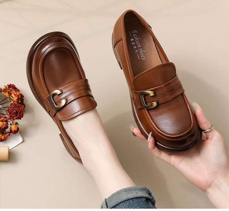 DRKANOL Fashion Genuine Leather Pumps Women Slip On Loafers British Style Retro Round Toe Metal Thick Heel Casual Shoes Big Size
