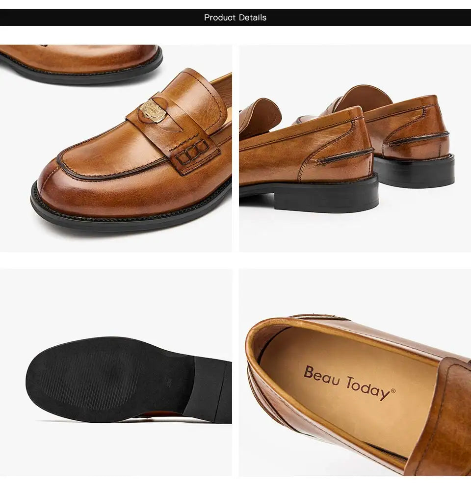 BeauToday Penny Loafers Women Genuine Calfskin Slip On Round Toe Square Heel Shallow Casual Spring Outdoor Ladies Shoes 26084