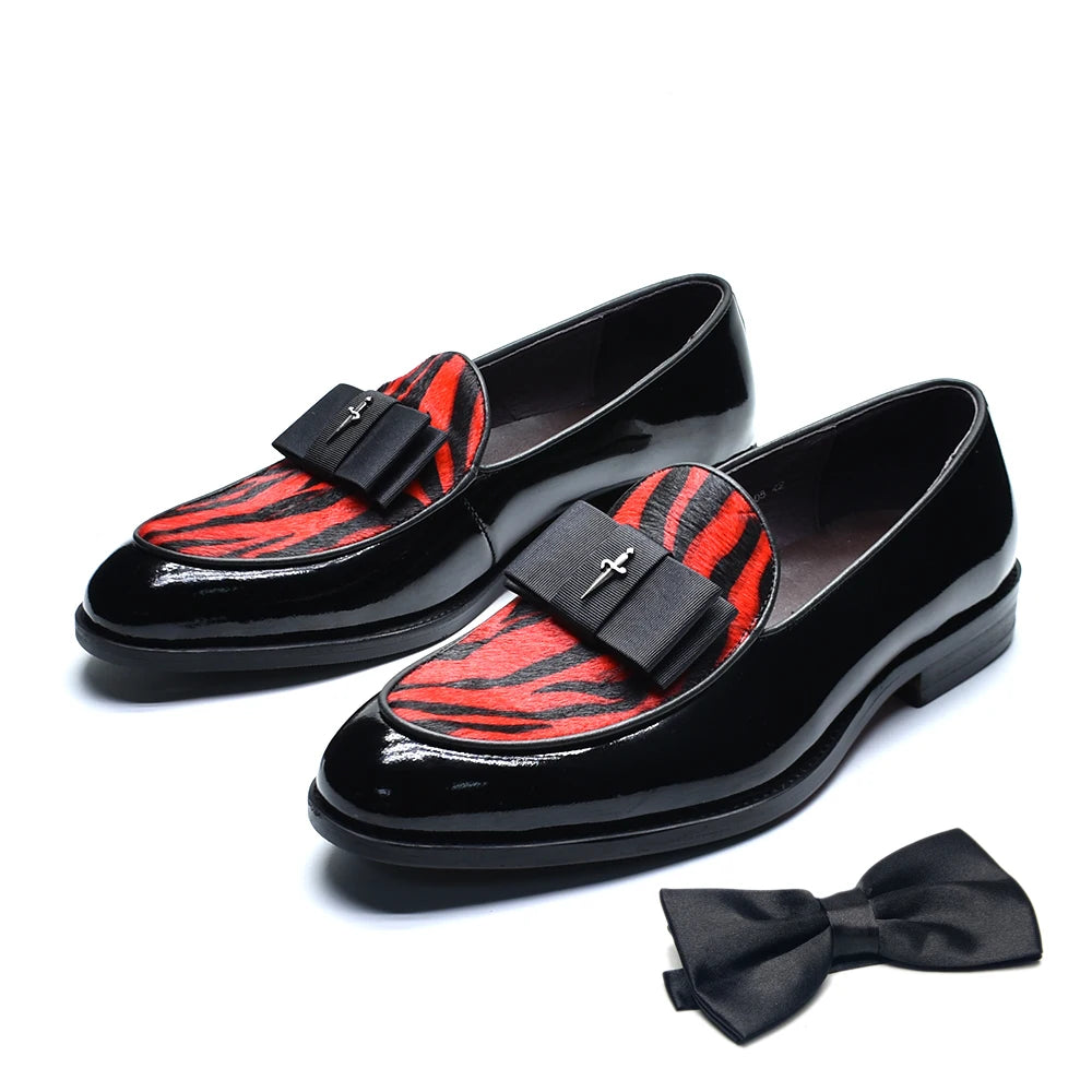 Black Red Luxury Genuine Patent Leather Men's Dress Loafer Shoes with Bowtie Wedding Party Banquet Slip-On Man Formal Shoes