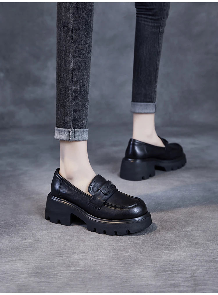 DRKANOL 2026 Spring Women Shoes Thick Heel Slip On Loafers Handmade Retro Chunky Platform Round Toe Pumps Ladies High Heel Shoes