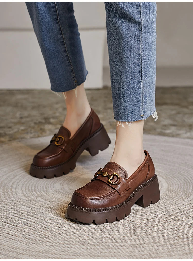 DRKANOL Women Thick Heel Loafers Slip On Pumps Spring Autumn New Design Metal Genuine Leather Round Toe High Heel Platform Shoes
