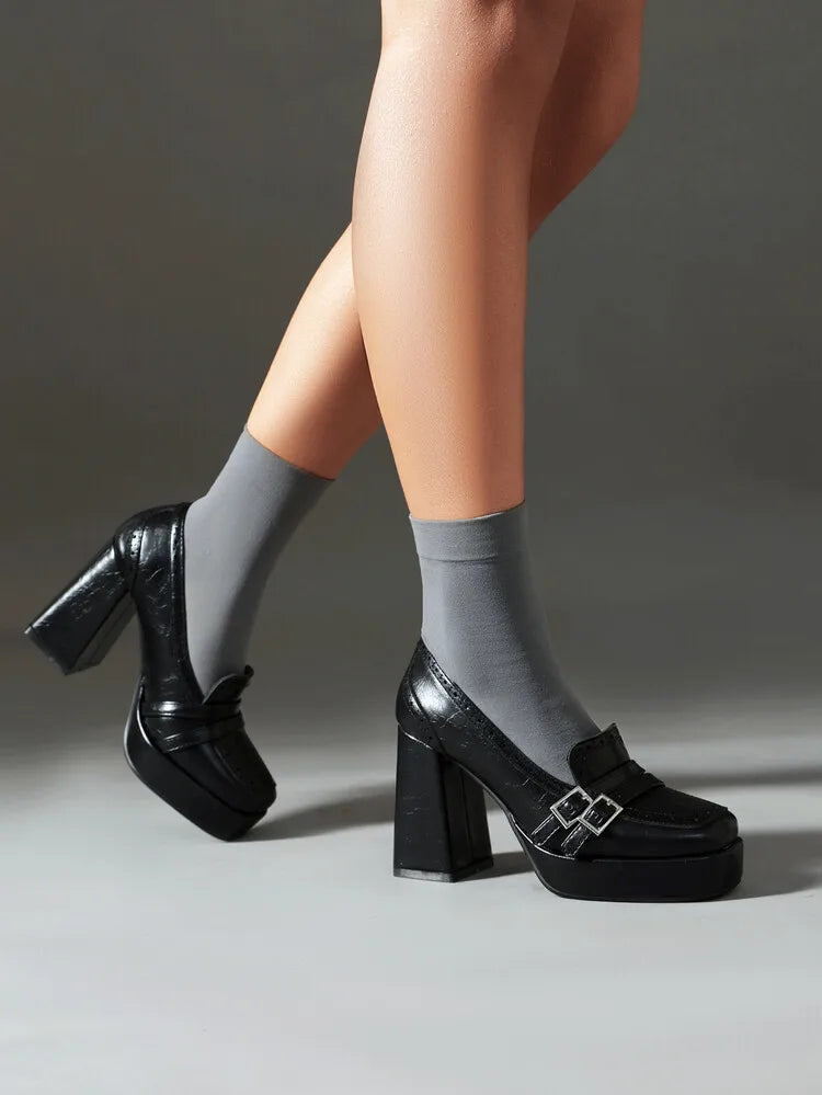 EAGSITY Pumps Brown Women Shoes Loafers Block Heel Platform Slip On Shoes Cosplay Wedding Party Pumps