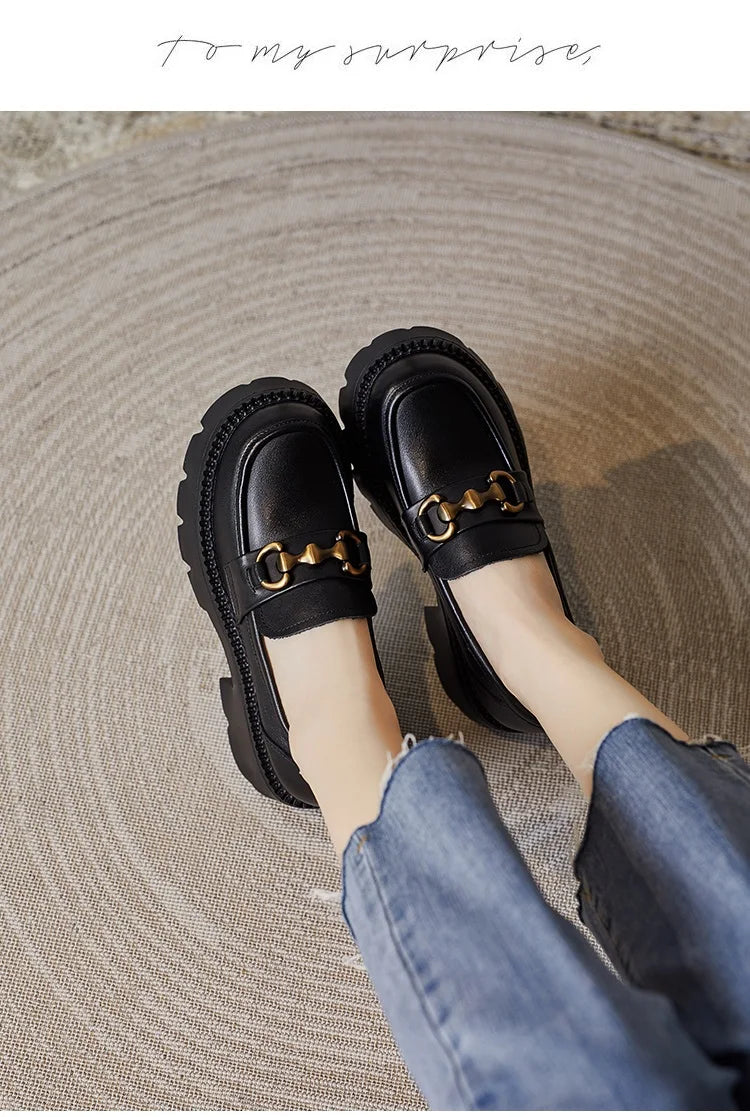 DRKANOL Women Thick Heel Loafers Slip On Pumps Spring Autumn New Design Metal Genuine Leather Round Toe High Heel Platform Shoes