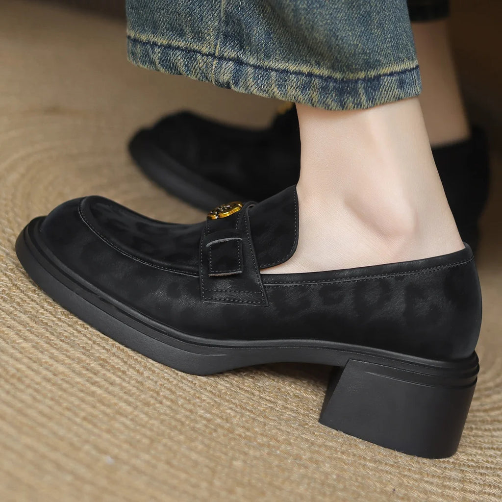 Women's leopard cow leather 5cm chunky heel platform slip-on loafers high quality soft comfortable causal female moccasins shoes