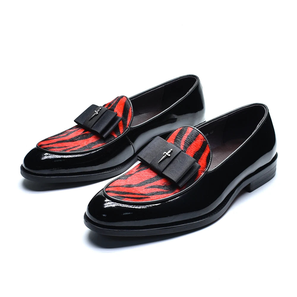 Black Red Luxury Genuine Patent Leather Men's Dress Loafer Shoes with Bowtie Wedding Party Banquet Slip-On Man Formal Shoes