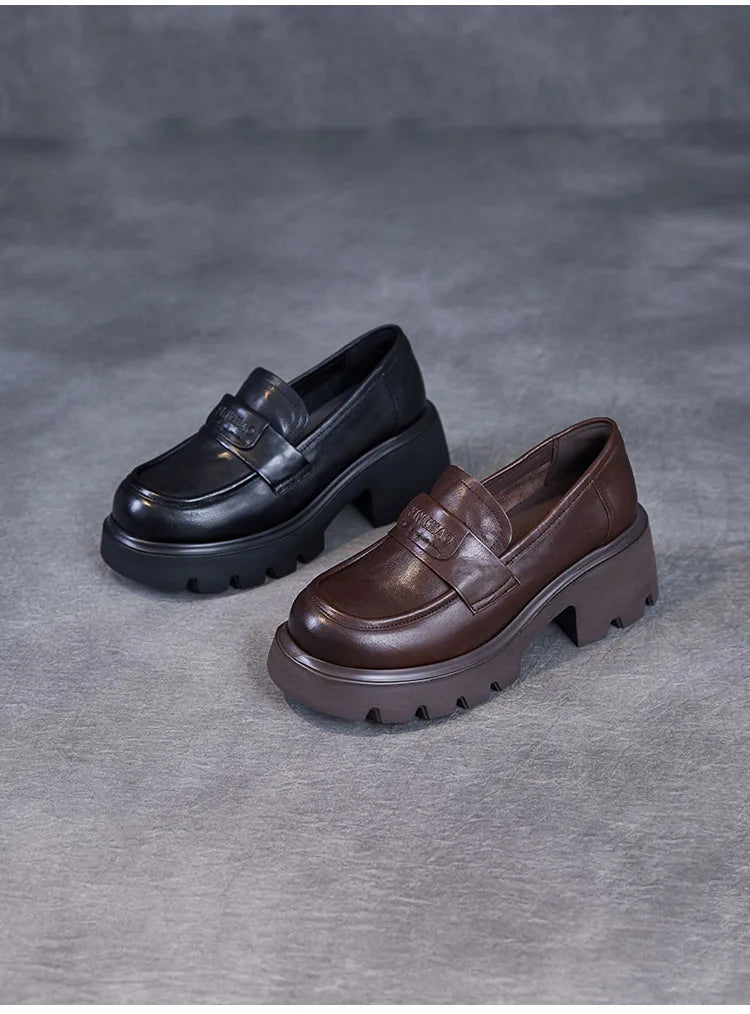 DRKANOL 2026 Spring Women Shoes Thick Heel Slip On Loafers Handmade Retro Chunky Platform Round Toe Pumps Ladies High Heel Shoes