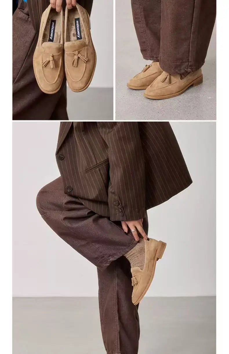 Casual Loafers Women Suede Tassel Round Toe Non-Slip Flat Shoes Women Flat Comfortable Vintage Loafers