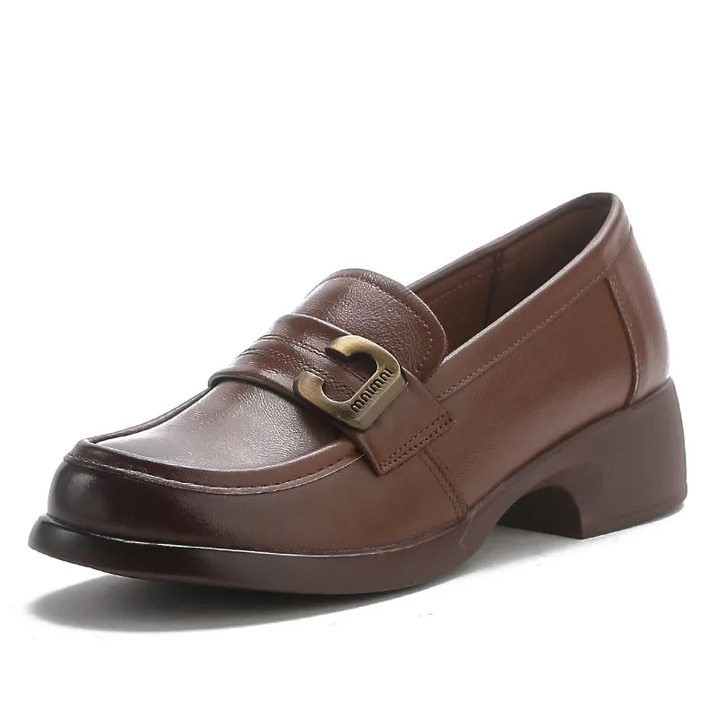 DRKANOL Fashion Genuine Leather Pumps Women Slip On Loafers British Style Retro Round Toe Metal Thick Heel Casual Shoes Big Size