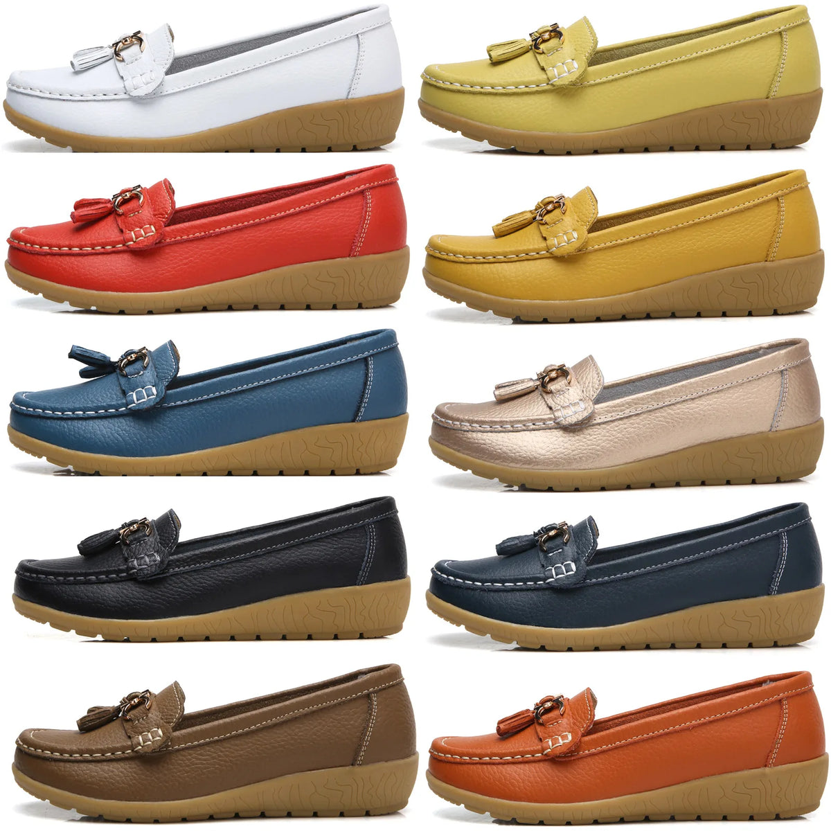 Women's Leather Slip-On Loafers White Casual Comfort Moccasins with Metal Tassel Gum Sole Large Sizes 41 42 43 for Dropshipping