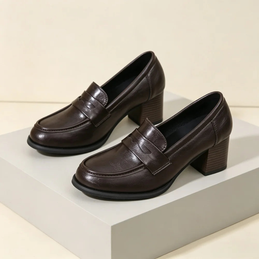Vintage Women's Penny Loafers Chunky Block Heel Leather Shoes Slip On Round Toe Office Work Shoes Anti Slip Sole Comfort Daily D