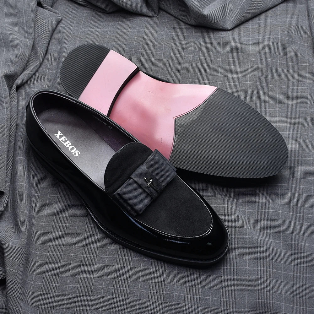 Black Red Luxury Genuine Patent Leather Men's Dress Loafer Shoes with Bowtie Wedding Party Banquet Slip-On Man Formal Shoes
