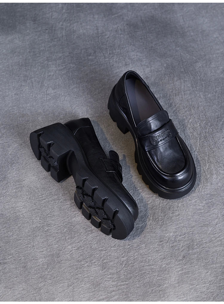 DRKANOL 2026 Spring Women Shoes Thick Heel Slip On Loafers Handmade Retro Chunky Platform Round Toe Pumps Ladies High Heel Shoes