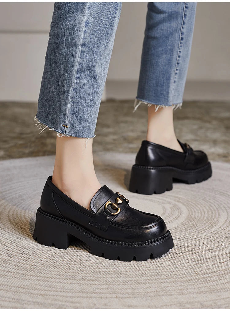 DRKANOL Women Thick Heel Loafers Slip On Pumps Spring Autumn New Design Metal Genuine Leather Round Toe High Heel Platform Shoes