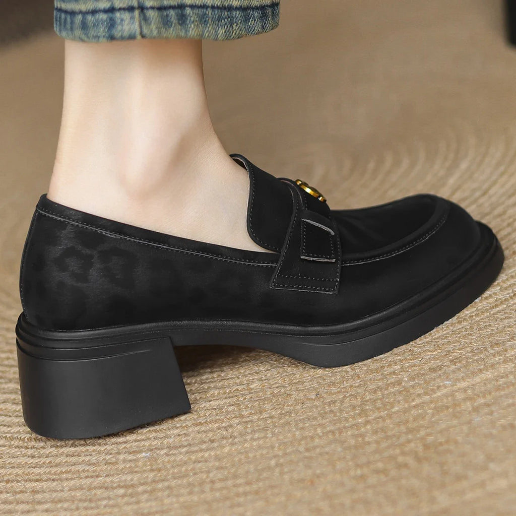 Women's leopard cow leather 5cm chunky heel platform slip-on loafers high quality soft comfortable causal female moccasins shoes
