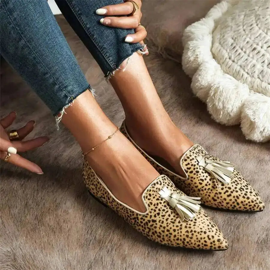 Cow Print Pointed Toe Loafers Women Shoes Tassel Slip‑on Casual Flat Shoes