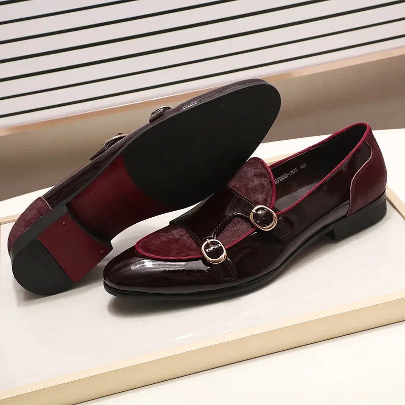 FELIX CHU Men's Patent Leather Monk Strap Dress Shoes Wedding Loafers Horse Hair Detail Casual Formal Party Gentlemen Footwear