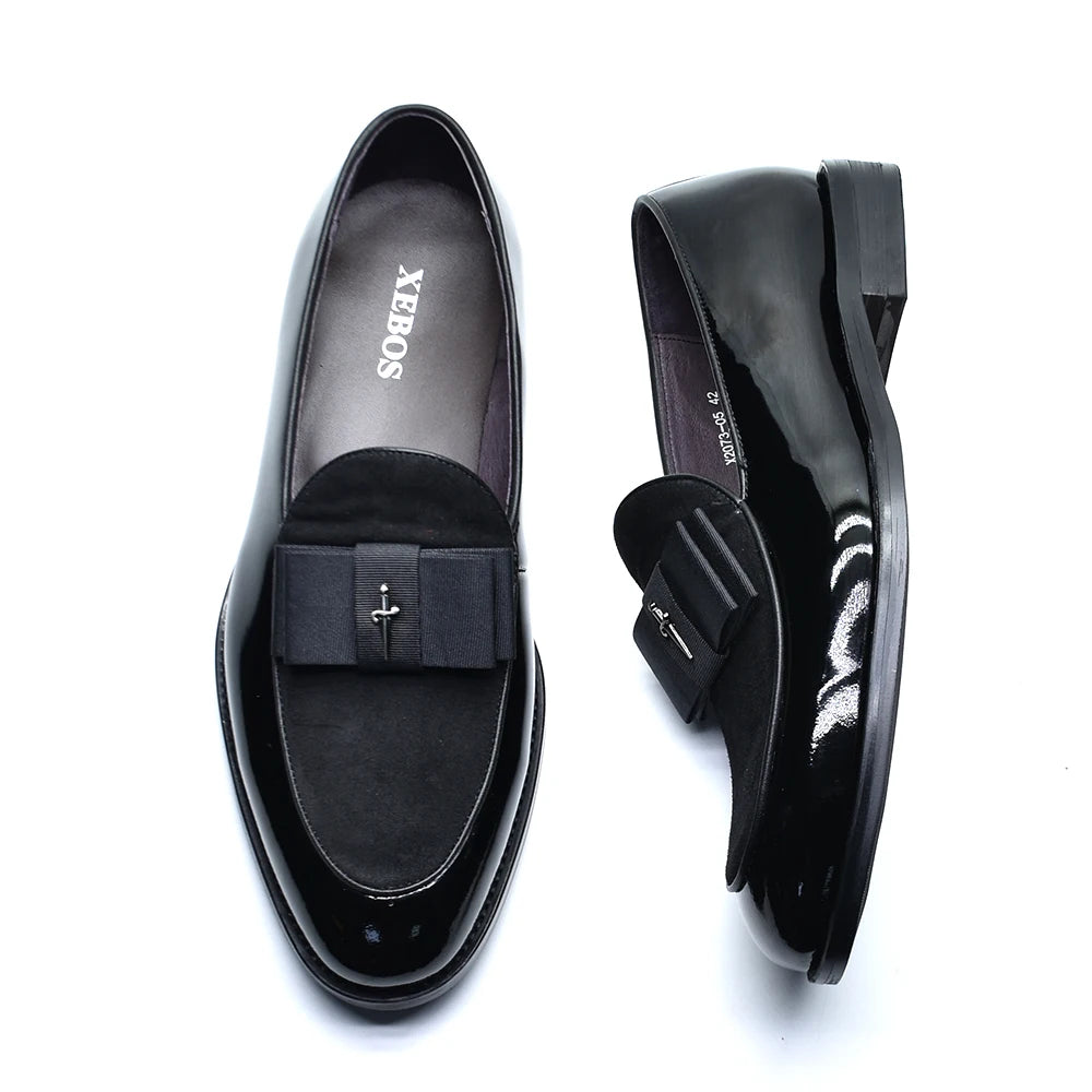 Black Red Luxury Genuine Patent Leather Men's Dress Loafer Shoes with Bowtie Wedding Party Banquet Slip-On Man Formal Shoes