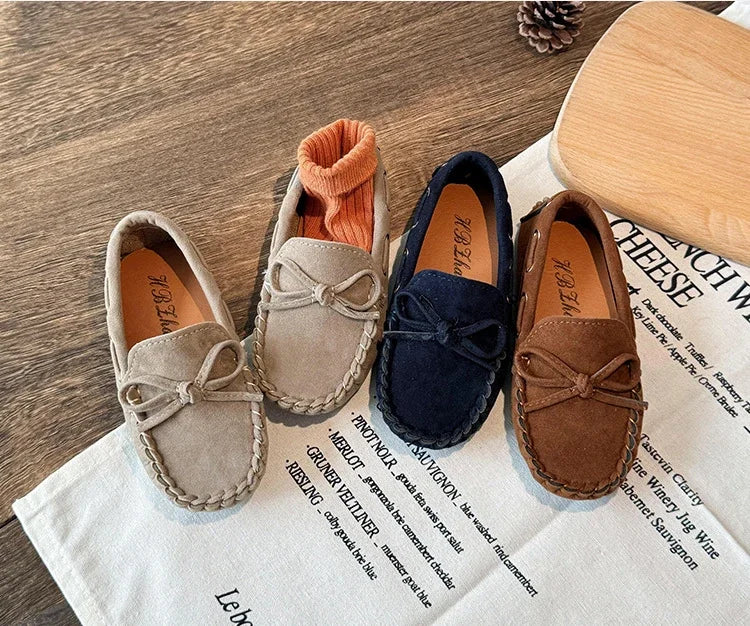 Children Casual Flats 2024 New Fabric Moccasin with Simple Bow Girls Minimalist Style Princess Shoes Anti Slip Wear-resistant