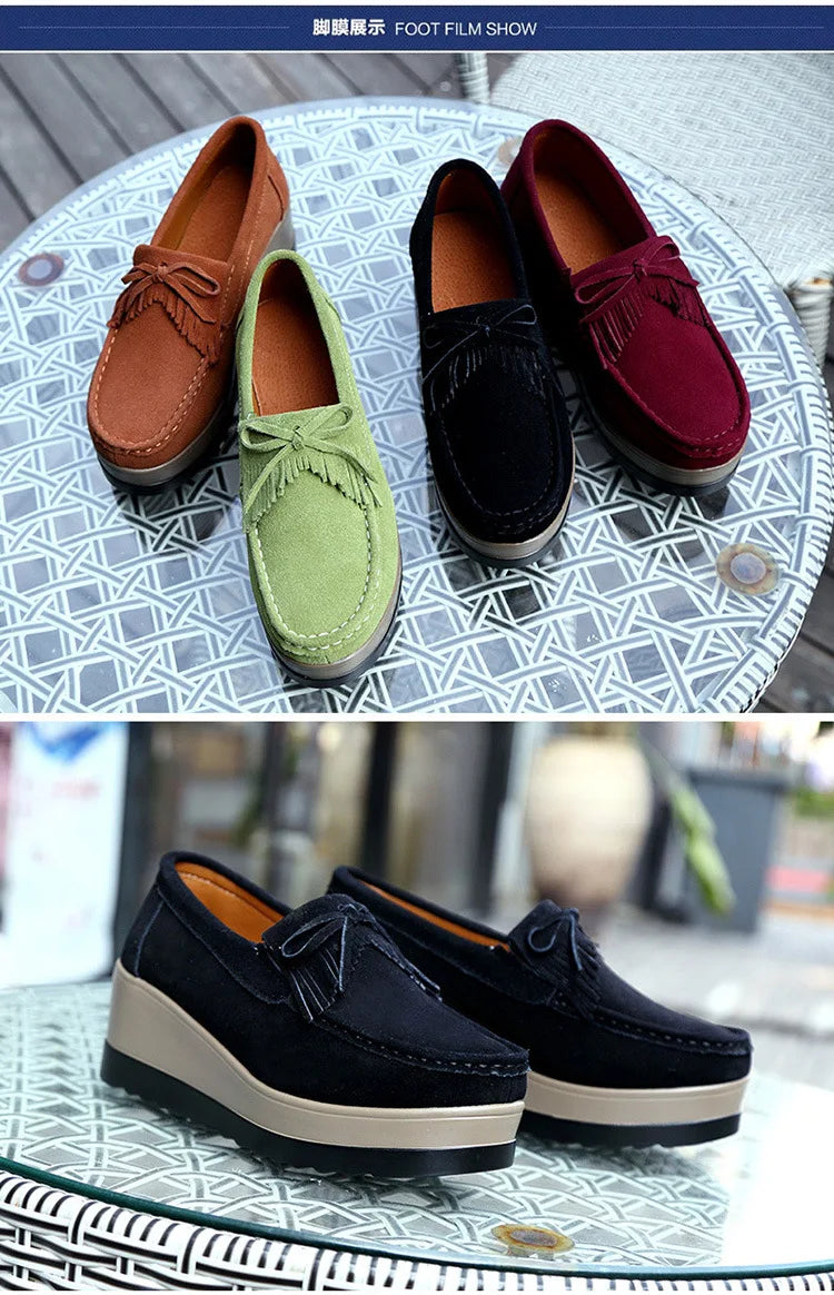Fashon Green Suede Shoes of Women 2025 Spring Platform Leather Flats Slip on Sneakers Designer Tassel Fringe Loafer Moccasins