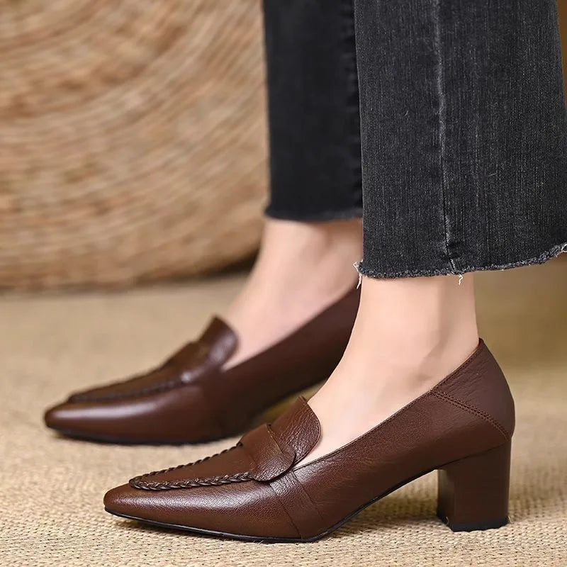 Retro Genuine Leather Pump High-Heeled Moccasins for Women New Style 2026 Pointed Toe Thick Heel Versatile Elegant Women's Shoes