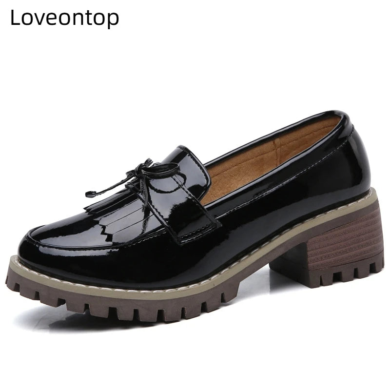 Loveontop Women Loafers Tassel Moccasins Bow-knot Round Toe Spring Autumn Ladies Slip-On Flats Handmade Genuine Leather Retro