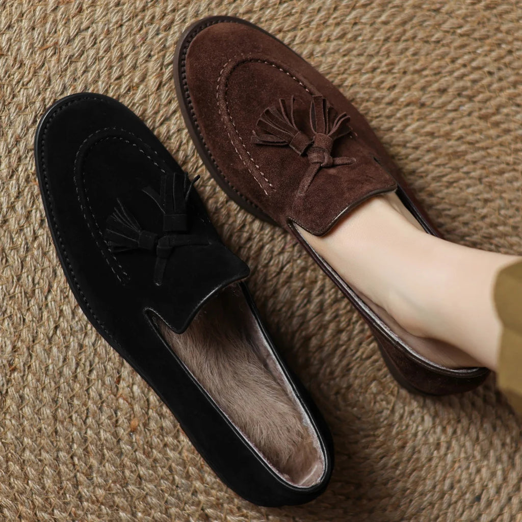 Women's natural suede leather fringe slip-on flats loafers leisure soft comfortable casual female moccasins shoes for woman sale