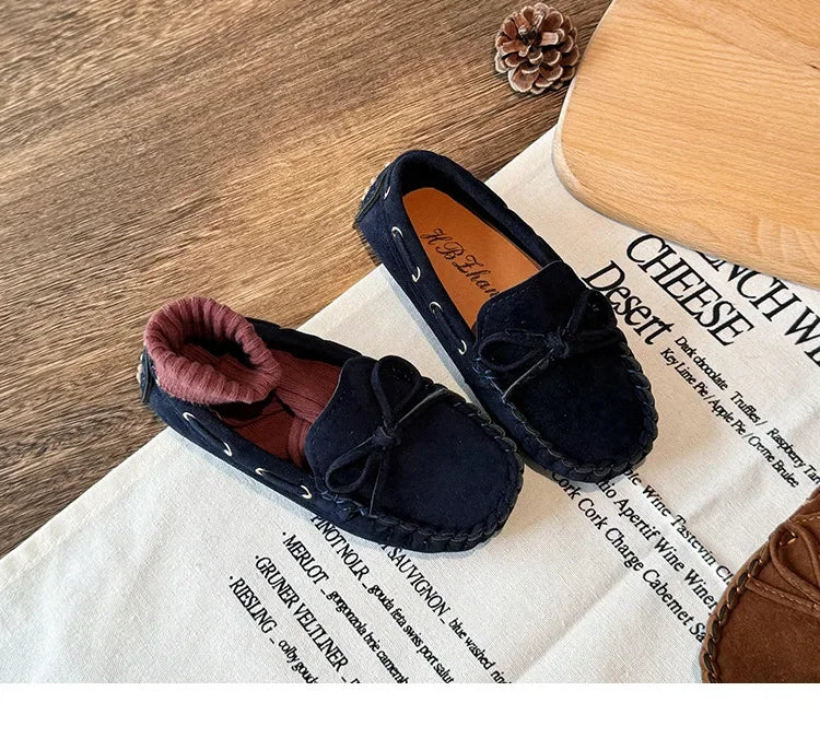 Children Casual Flats 2024 New Fabric Moccasin with Simple Bow Girls Minimalist Style Princess Shoes Anti Slip Wear-resistant