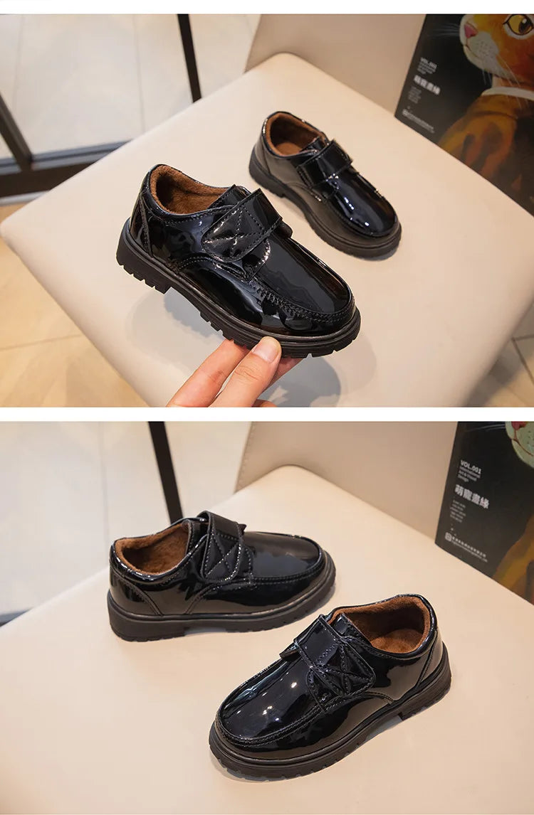 Children Fashion Leather Shoes Boys 2023 Hook & Loop Glossy Simple Black Uniform School Shoes Loafers Kids Shoes Free Shipping