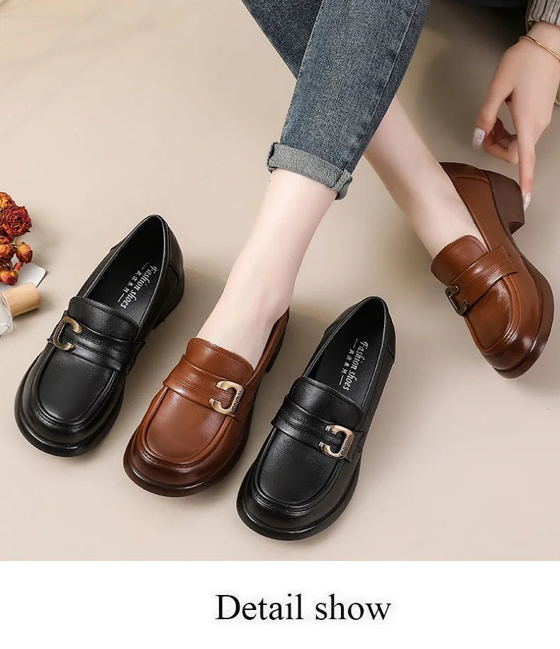 DRKANOL Fashion Genuine Leather Pumps Women Slip On Loafers British Style Retro Round Toe Metal Thick Heel Casual Shoes Big Size