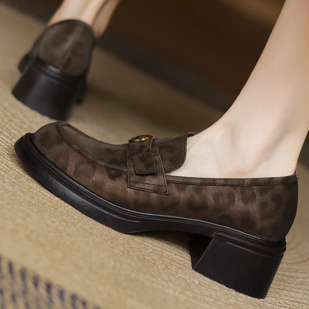 Women's leopard cow leather 5cm chunky heel platform slip-on loafers high quality soft comfortable causal female moccasins shoes
