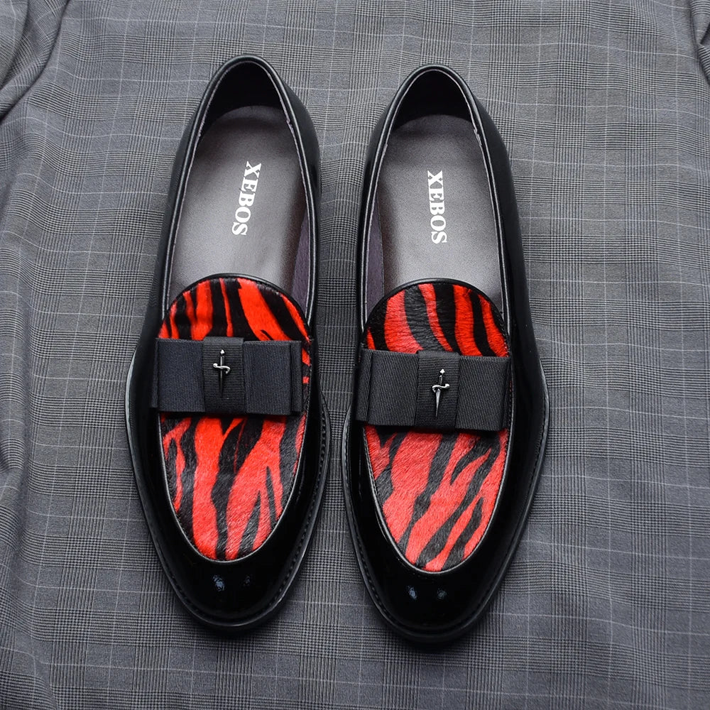 Black Red Luxury Genuine Patent Leather Men's Dress Loafer Shoes with Bowtie Wedding Party Banquet Slip-On Man Formal Shoes