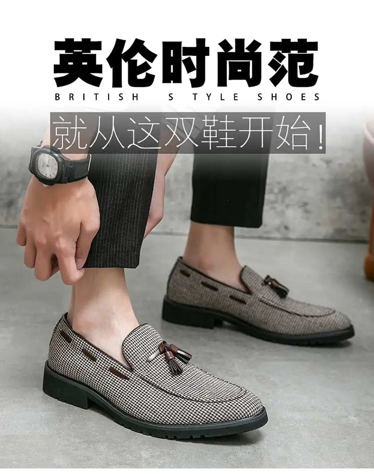 Loafers Men Plaid Tassel Suede Brown Square Toe Party Wedding Shoes for Men with  Dress Shoes Men