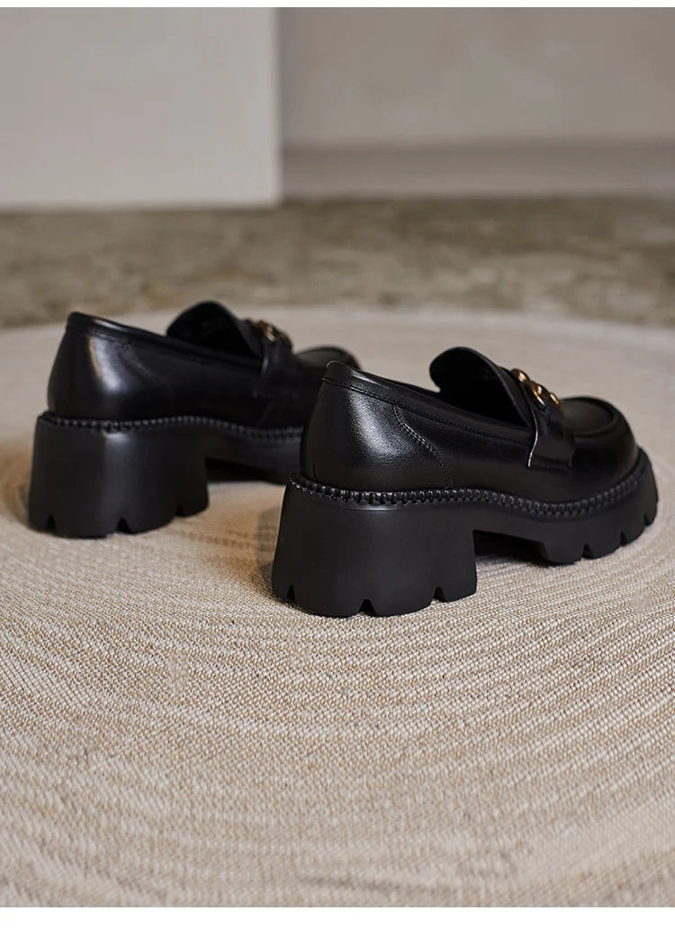 DRKANOL Women Thick Heel Loafers Slip On Pumps Spring Autumn New Design Metal Genuine Leather Round Toe High Heel Platform Shoes