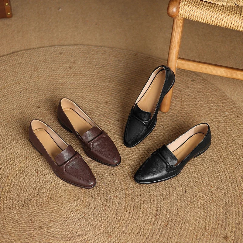 2025 spring autumn women pumps natural leather 22-25cm soft sheepskin+cowhide+pigskin pointed toe thick heel loafers women shoes