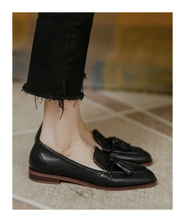 Retro British Style Square Head Women's Loafers Shoes 2022 Summer New Style Tassel Comfortable Single Shoes Women Brown Shoes