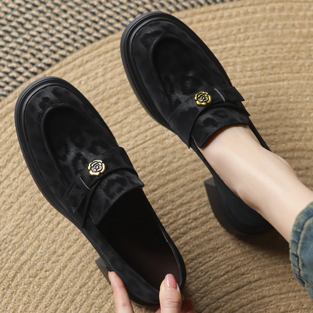 Women's leopard cow leather 5cm chunky heel platform slip-on loafers high quality soft comfortable causal female moccasins shoes