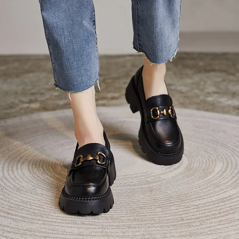 DRKANOL Women Thick Heel Loafers Slip On Pumps Spring Autumn New Design Metal Genuine Leather Round Toe High Heel Platform Shoes