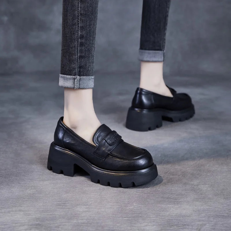 DRKANOL 2026 Spring Women Shoes Thick Heel Slip On Loafers Handmade Retro Chunky Platform Round Toe Pumps Ladies High Heel Shoes