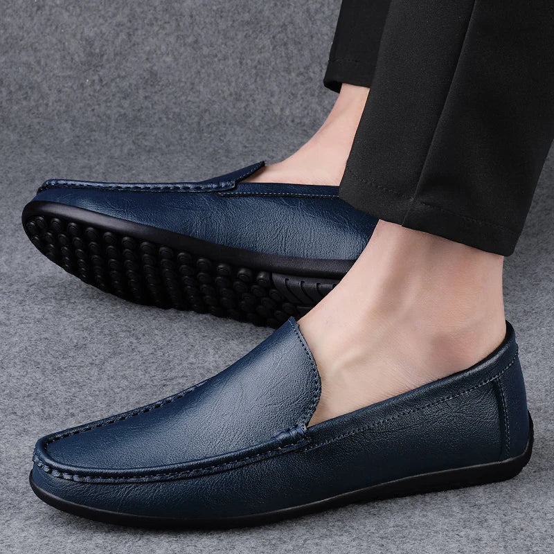 Mocassin Cuir Bleu Homme