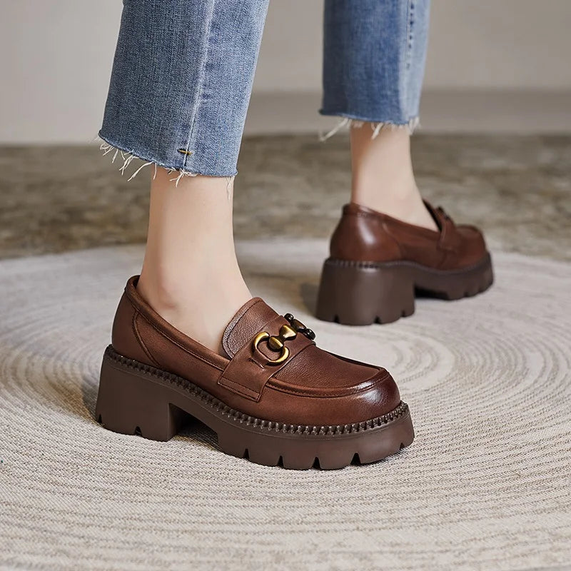 DRKANOL Women Thick Heel Loafers Slip On Pumps Spring Autumn New Design Metal Genuine Leather Round Toe High Heel Platform Shoes