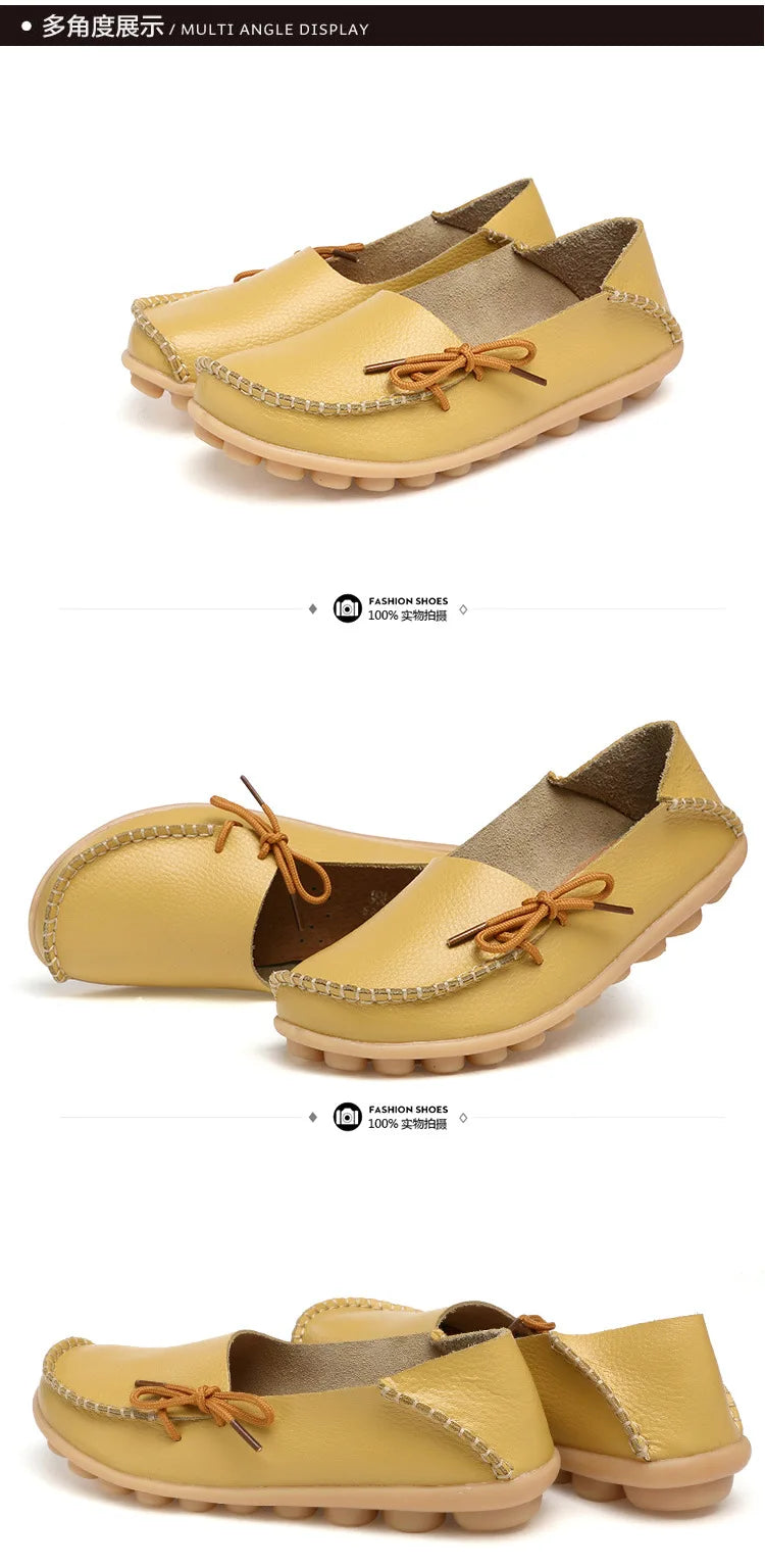 New Moccasins Women Flats 2026 Autumn Woman Loafers Genuine Leather Female Shoes Slip On Ballet Bowtie Women's Shoes Big Size