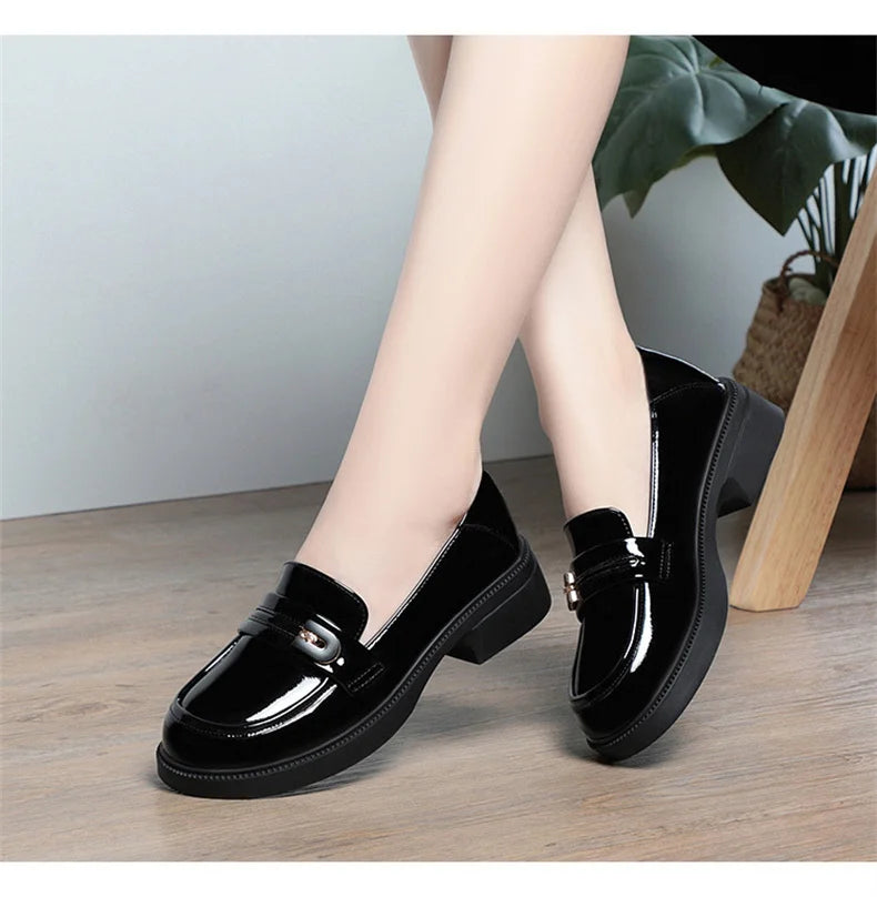 Spring Comfortable British Style Shallow Bright Leather Loafers Women Pumps  Square Heels Chunky Platform Shoes Office Size35-41