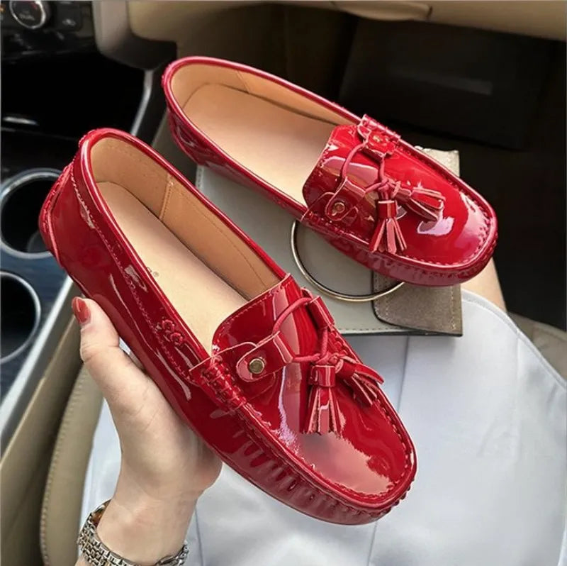Office Ladies Comfortable Breathable Genuine Leather Flats Breathable Fashion Tassel Spring Summer Women Patent Leather Loafers