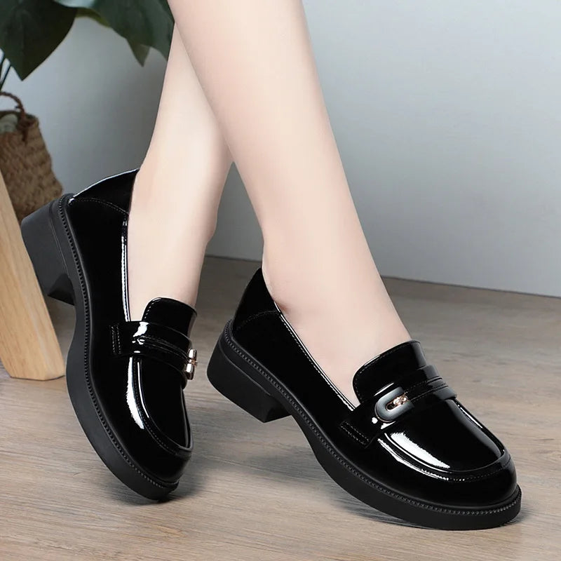 Spring Comfortable British Style Shallow Bright Leather Loafers Women Pumps  Square Heels Chunky Platform Shoes Office Size35-41