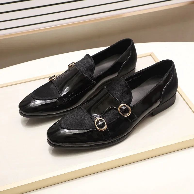 FELIX CHU Men's Patent Leather Monk Strap Dress Shoes Wedding Loafers Horse Hair Detail Casual Formal Party Gentlemen Footwear