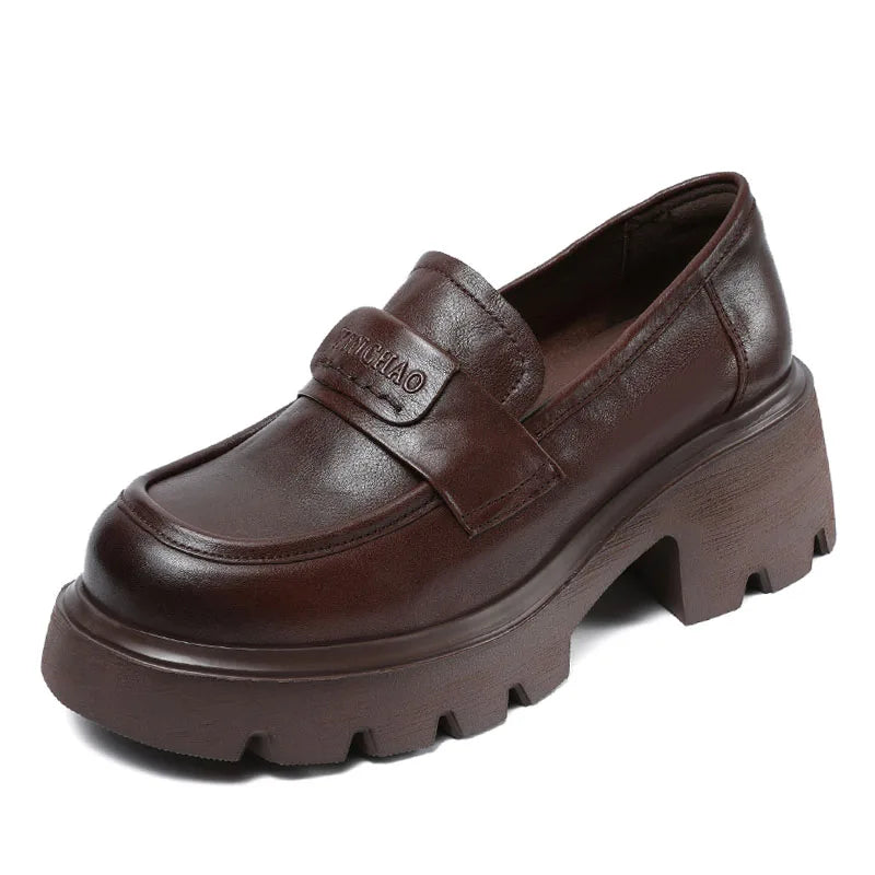 DRKANOL 2026 Spring Women Shoes Thick Heel Slip On Loafers Handmade Retro Chunky Platform Round Toe Pumps Ladies High Heel Shoes
