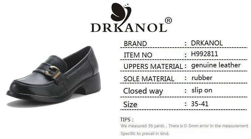 DRKANOL Fashion Genuine Leather Pumps Women Slip On Loafers British Style Retro Round Toe Metal Thick Heel Casual Shoes Big Size