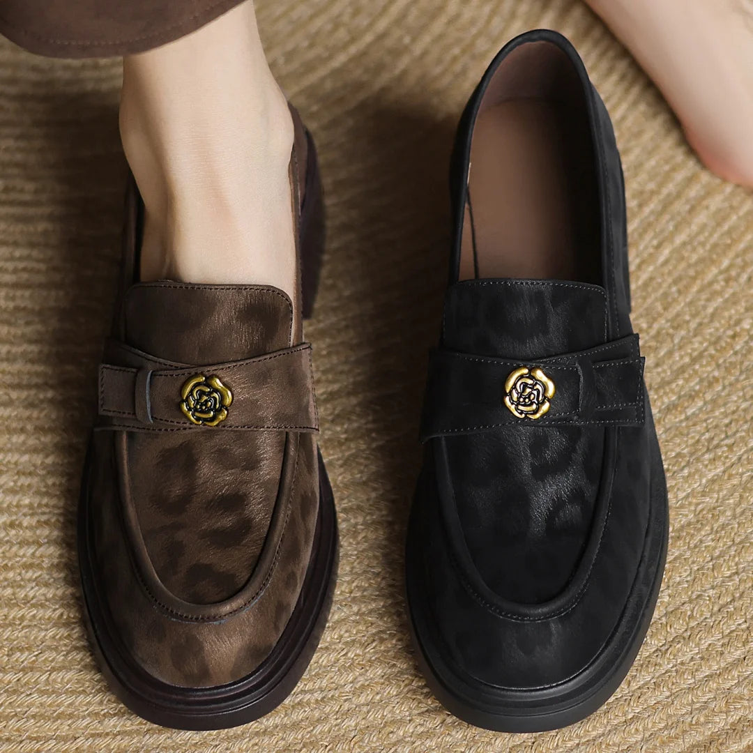 Women's leopard cow leather 5cm chunky heel platform slip-on loafers high quality soft comfortable causal female moccasins shoes