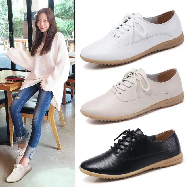 2026 New Women Flats Spring Autumn Woman Loafers Genuine Leather Female Shoes Lace up Soft Comfortable Ladies Women's Shoes